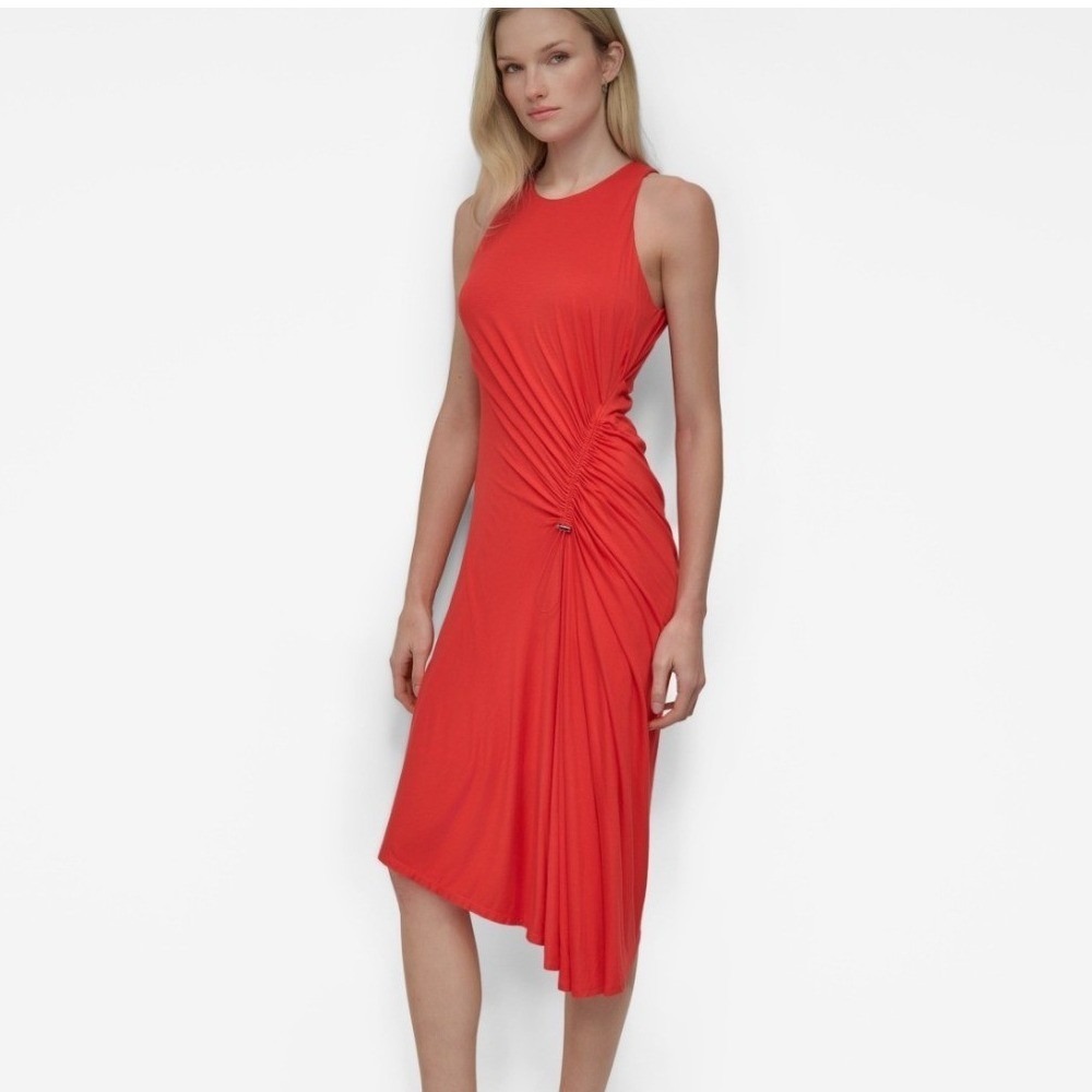 DKNY Asymmetrical Ruched Midi Dress Womens 2 NWT Orange Sleeveless MSRP $128